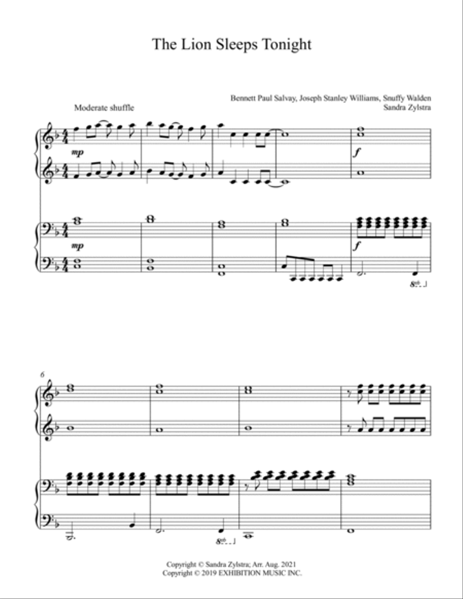 The Lion Sleeps Tonight 1 Piano, 4-Hands scores gallery preview page 2