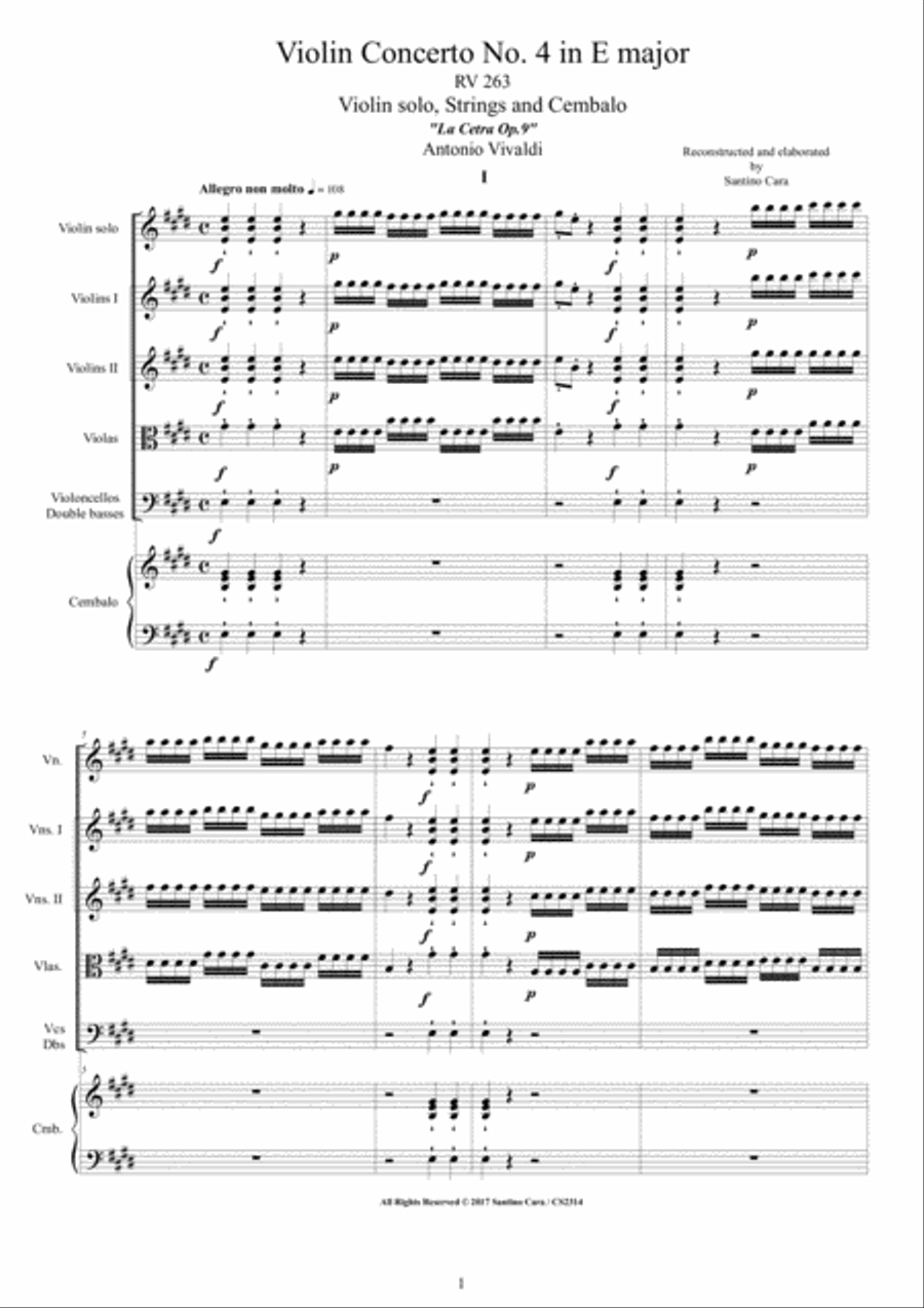 Vivaldi - Violin Concerto No.4 in E major RV 263 Op.9 for Violin, Strings and Cembalo Chamber Orchestra scores gallery preview page 1