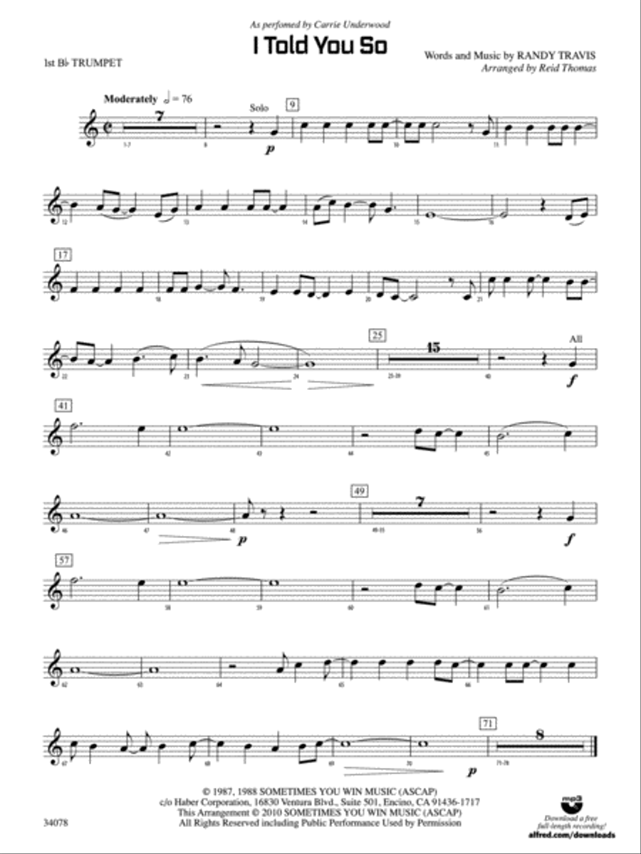 I Told You So: 1st B-flat Trumpet Concert Band scores gallery preview page 1
