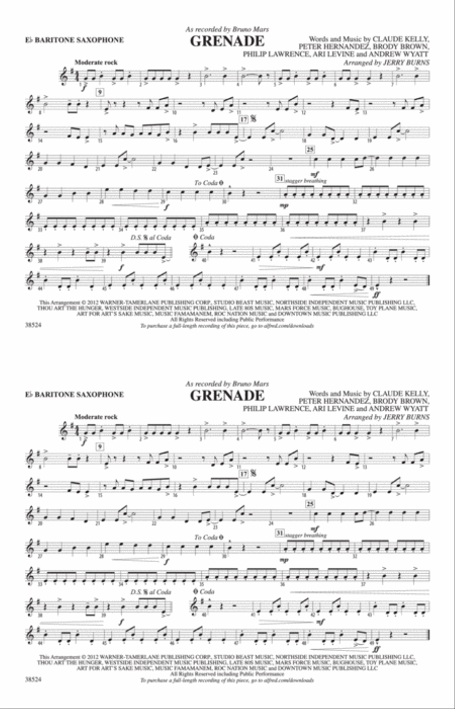Grenade: E-flat Baritone Saxophone Marching Band scores gallery preview page 1