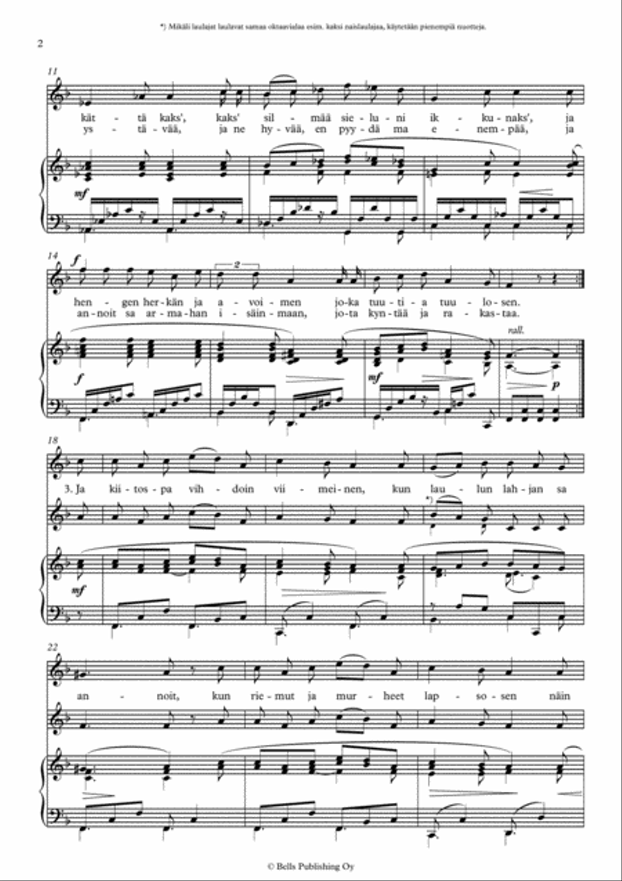 Oi, kiitos sa Luojani armollinen, Op. 62 No. 2 (Original key. F Major) SA scores gallery preview page 2