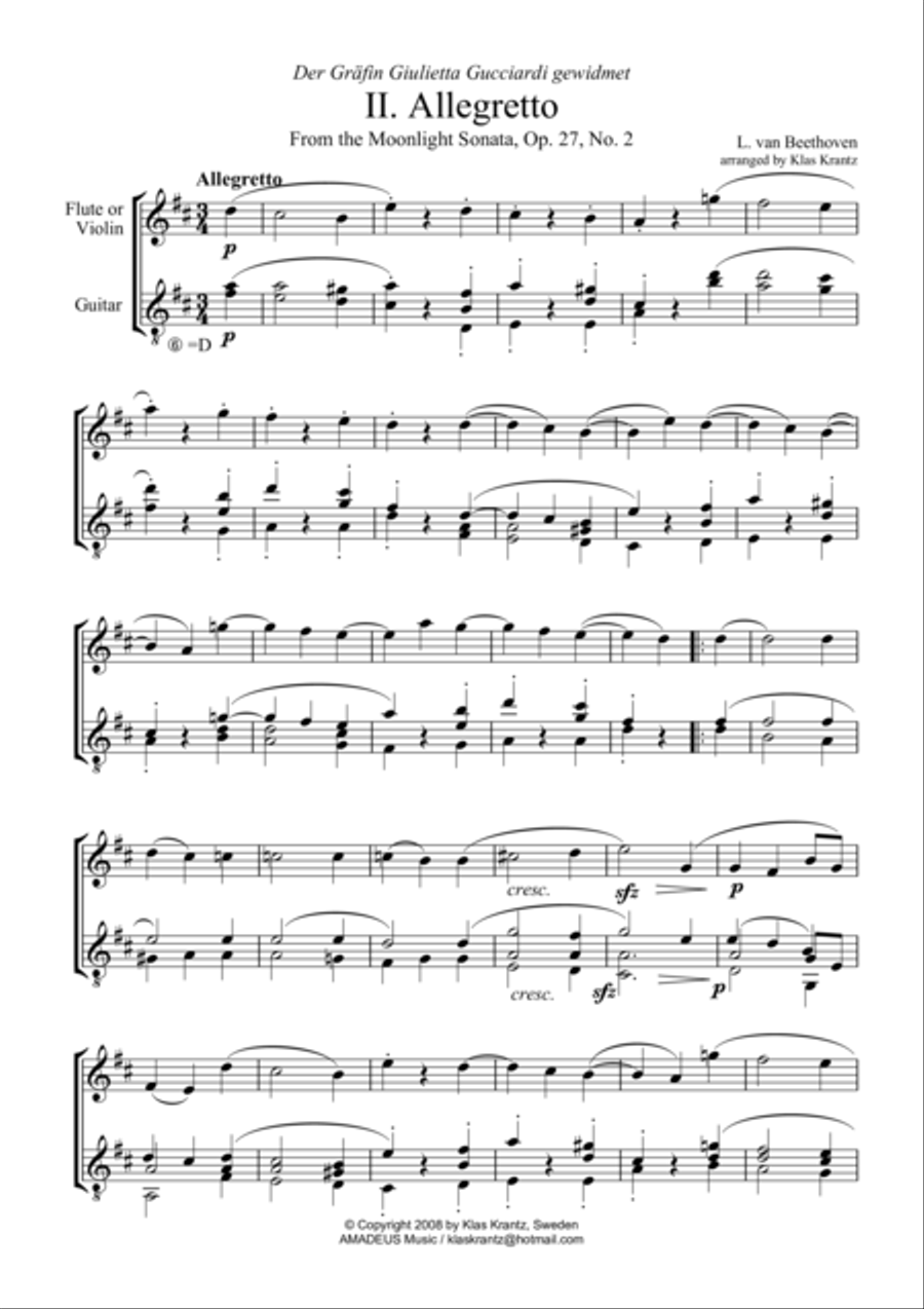 Allegretto (Moonlight Sonata) for flute and guitar Small Ensemble scores gallery preview page 1