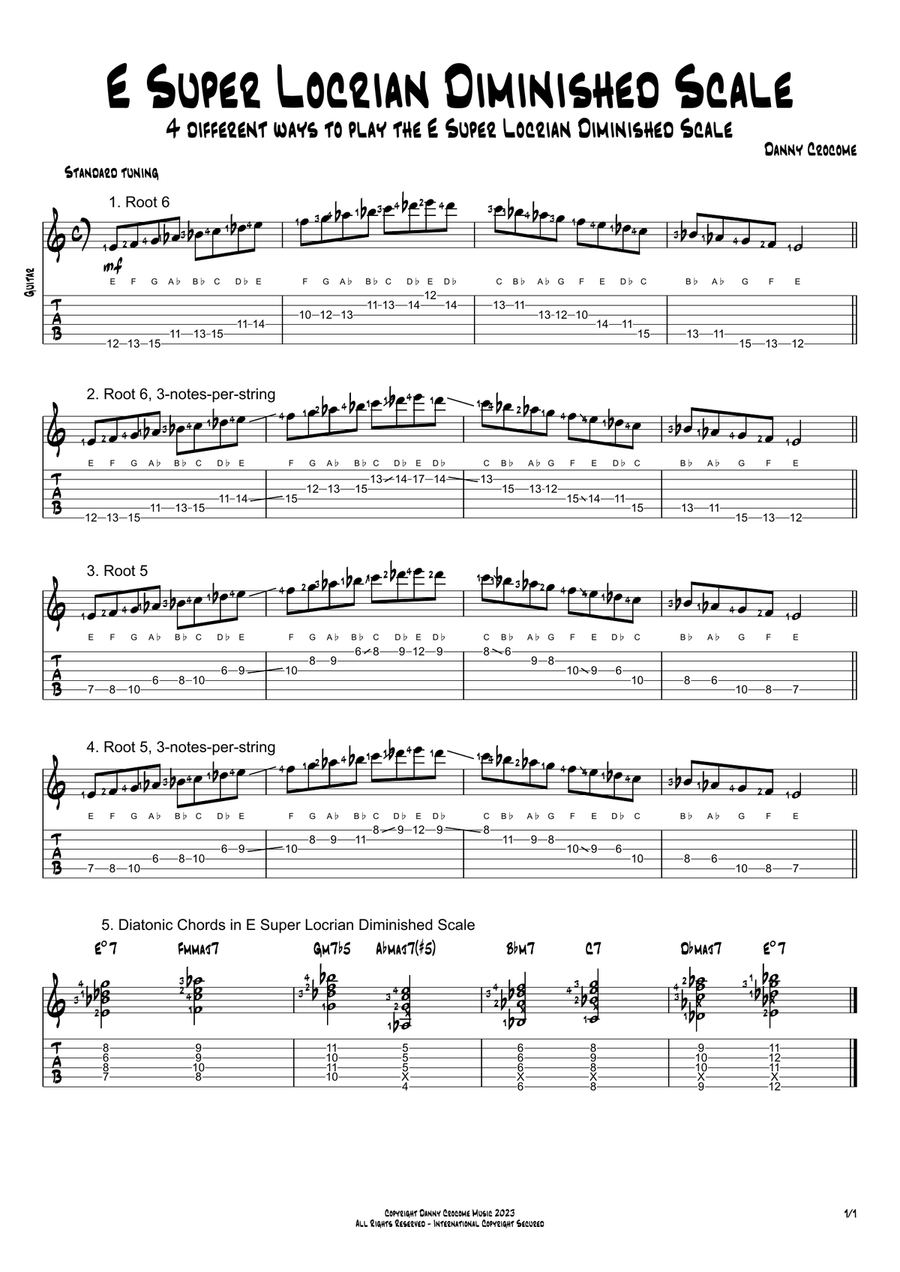 E Super Locrian Diminished Scale (4 Ways to Play) Electric Guitar scores gallery preview page 1