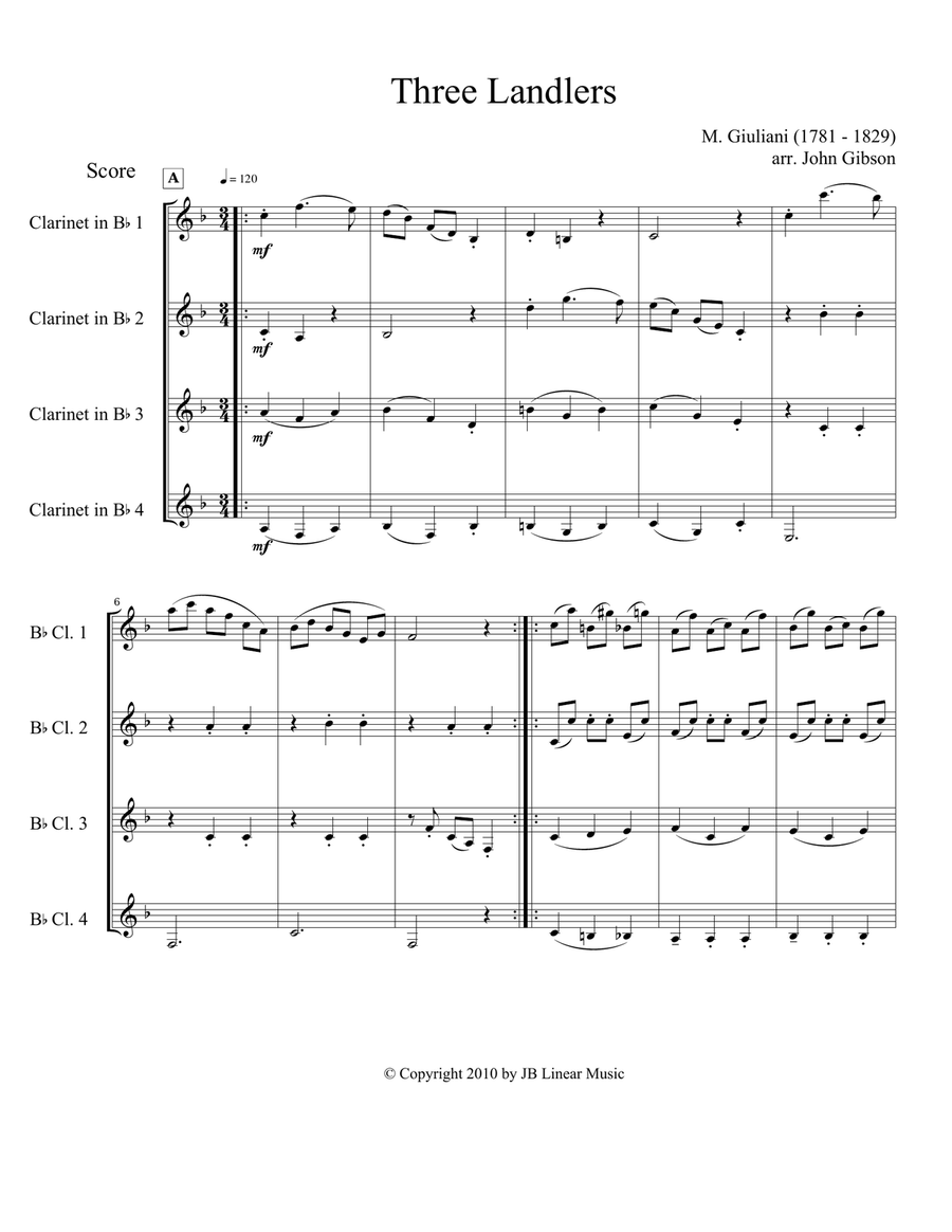 Three Landlers (Waltzes) for Clarinet Quartet Clarinet Quartet scores gallery preview page 1