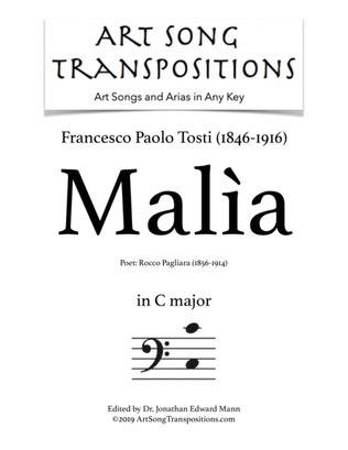 Book cover for TOSTI: Malìa (transposed to C major, bass clef)