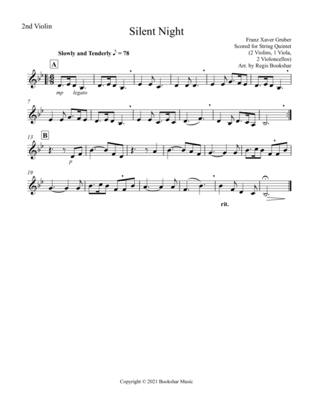 Silent Night (Bb) (String Quintet - 2 Violins, 1 Viola, 2 Cellos)