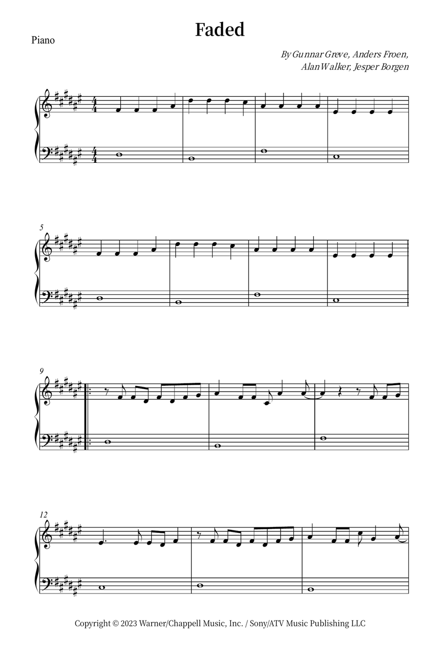 Faded Easy Piano scores gallery preview page 1