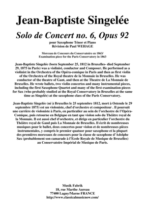 Book cover for Jean-Baptiste Singelée: Solo de Concert no. 6, Opus 92 pour Saxophone Ténor et Piano