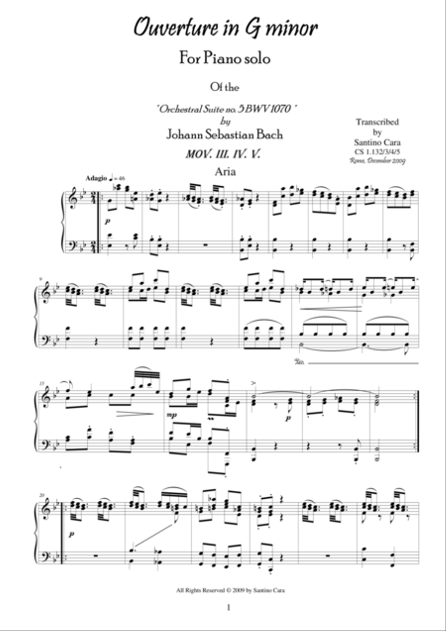Suite (Ouverture) no.5 BWV 1070 for piano(3,4,5) - Aria,menuetto,trio Piano Solo scores gallery preview page 1