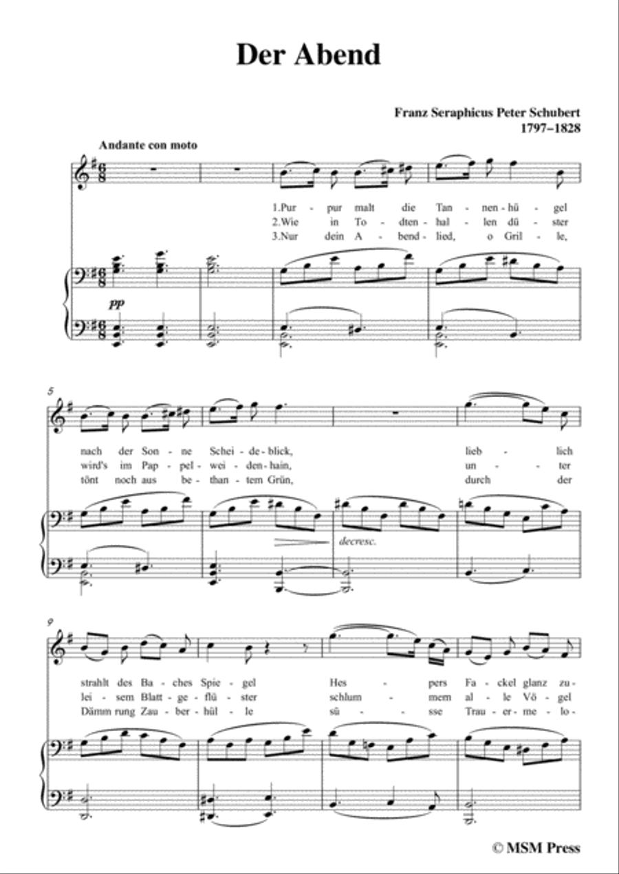 Schubert-Der Abend,in e minor,for Voice&Piano Voice scores gallery preview page 3