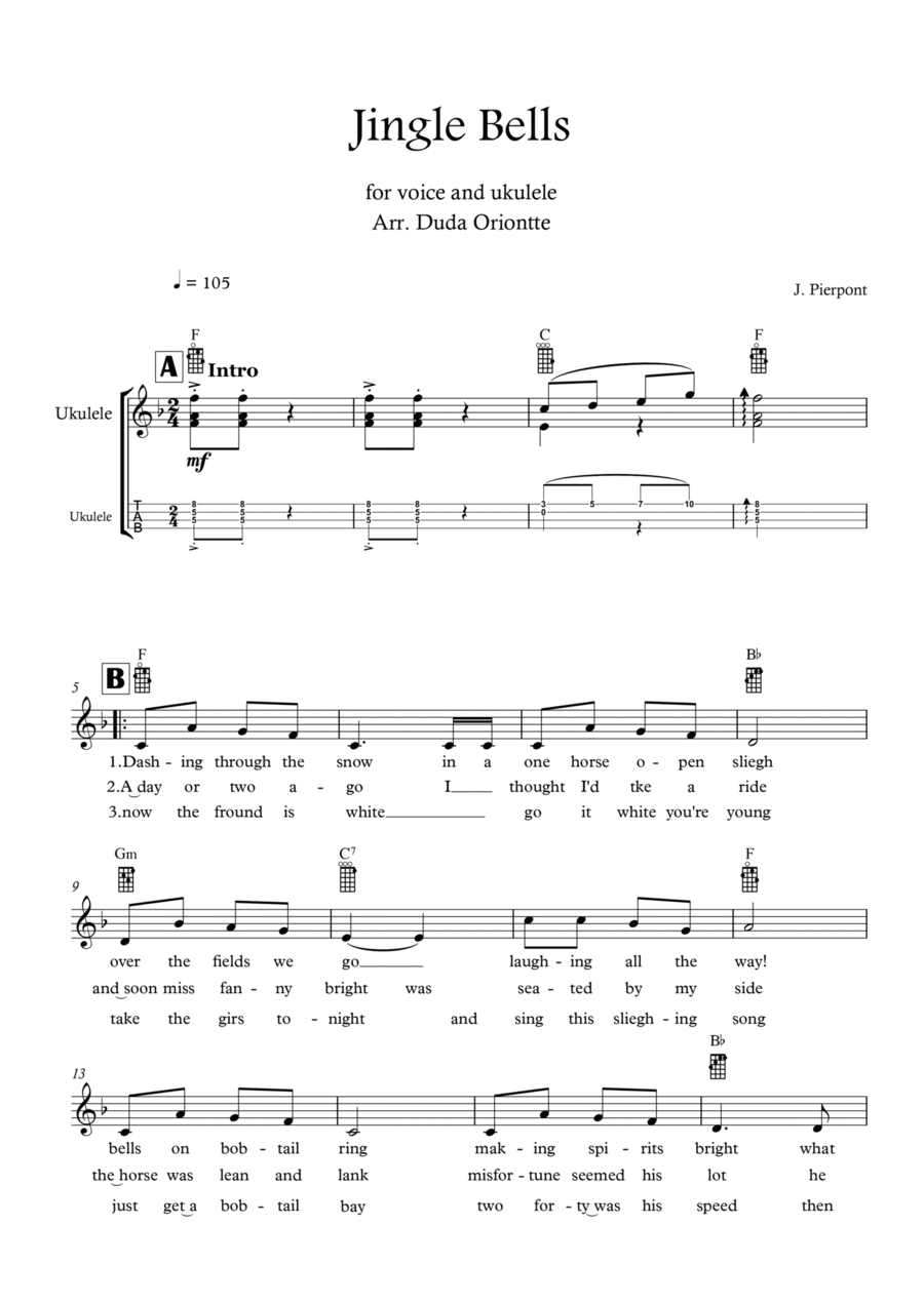 Jingle Bells (F major - TABS - with lyrics) Ukulele scores gallery preview page 1