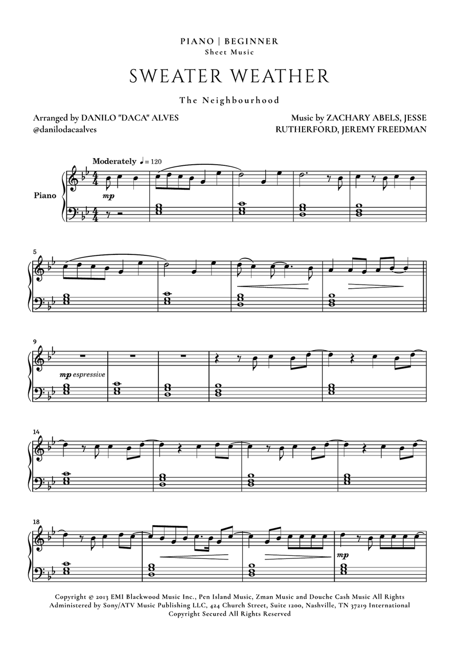 Sweater Weather Easy Piano scores gallery preview page 1