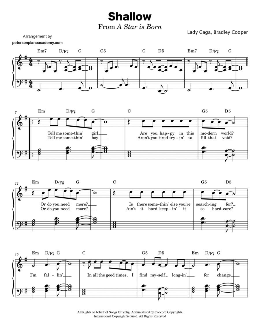 Shallow Piano, Vocal, Guitar scores gallery preview page 1