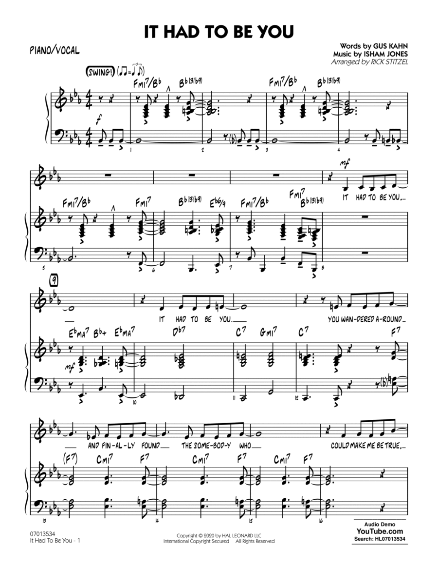 It Had to Be You (arr. Rick Stitzel) - Piano/Vocal