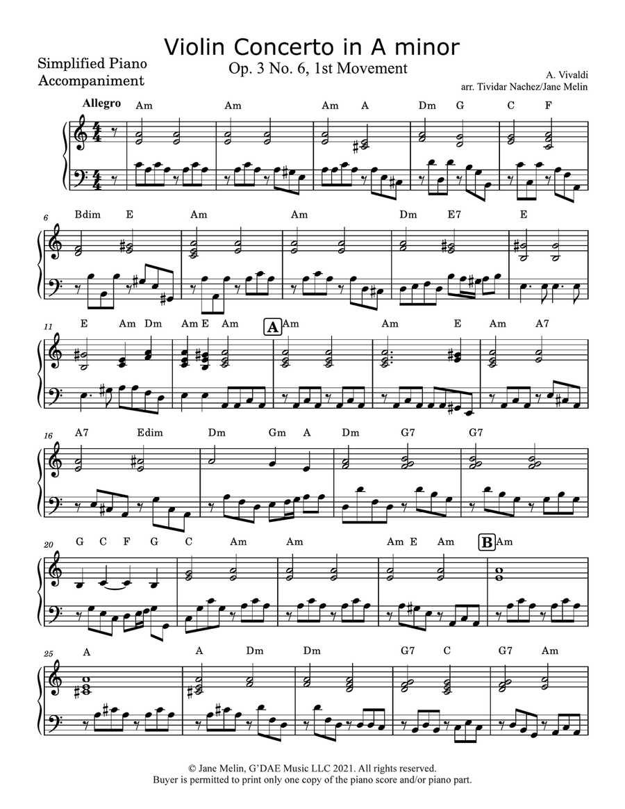Vivaldi - Violin Concerto in Am Op. 3 No. 6 Mvt 1 - Simplified Piano Accompaniment Violin Solo scores gallery preview page 3
