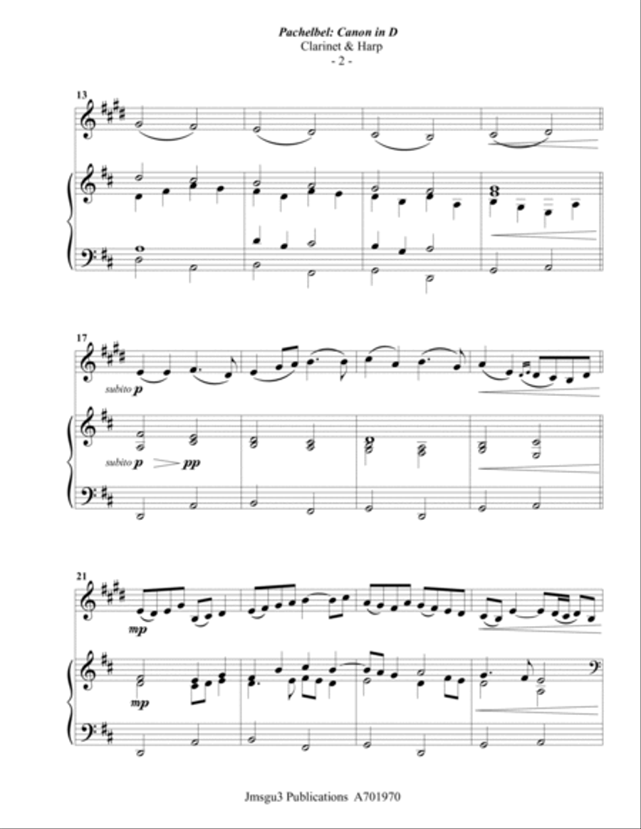 Pachelbel: Canon in D for Clarinet and Harp Clarinet scores gallery preview page 2