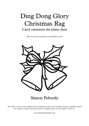 Book cover for Ding Dong Glory Christmas Rag for Piano Duet, fun variations on Christmas carols, by Simon Peberdy