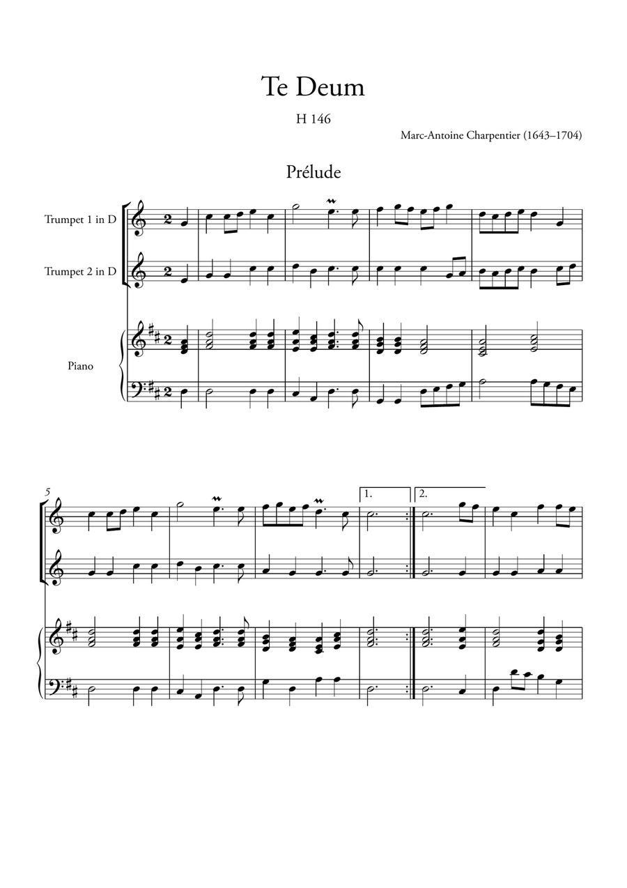 Te Deum Prelude (for 2 Trumpets in D and Piano) Trumpet Duet scores gallery preview page 1