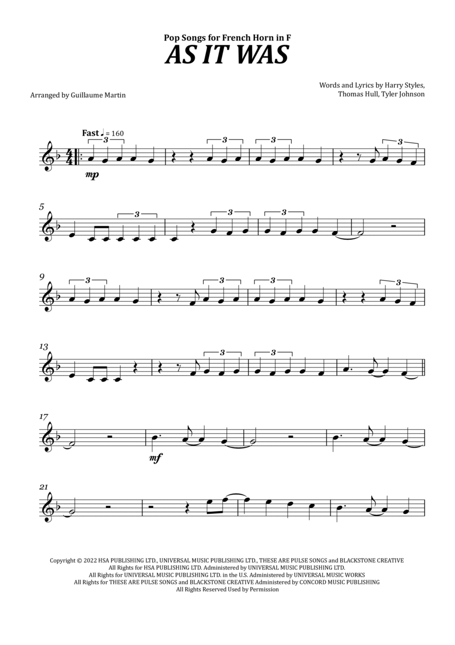 As It Was Horn Solo scores gallery preview page 1