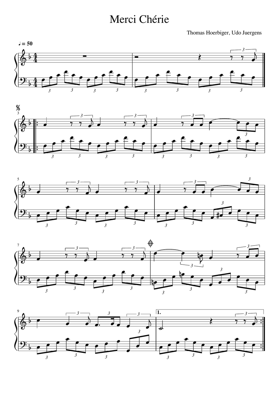 Merci Cherie Easy Piano scores gallery preview page 1