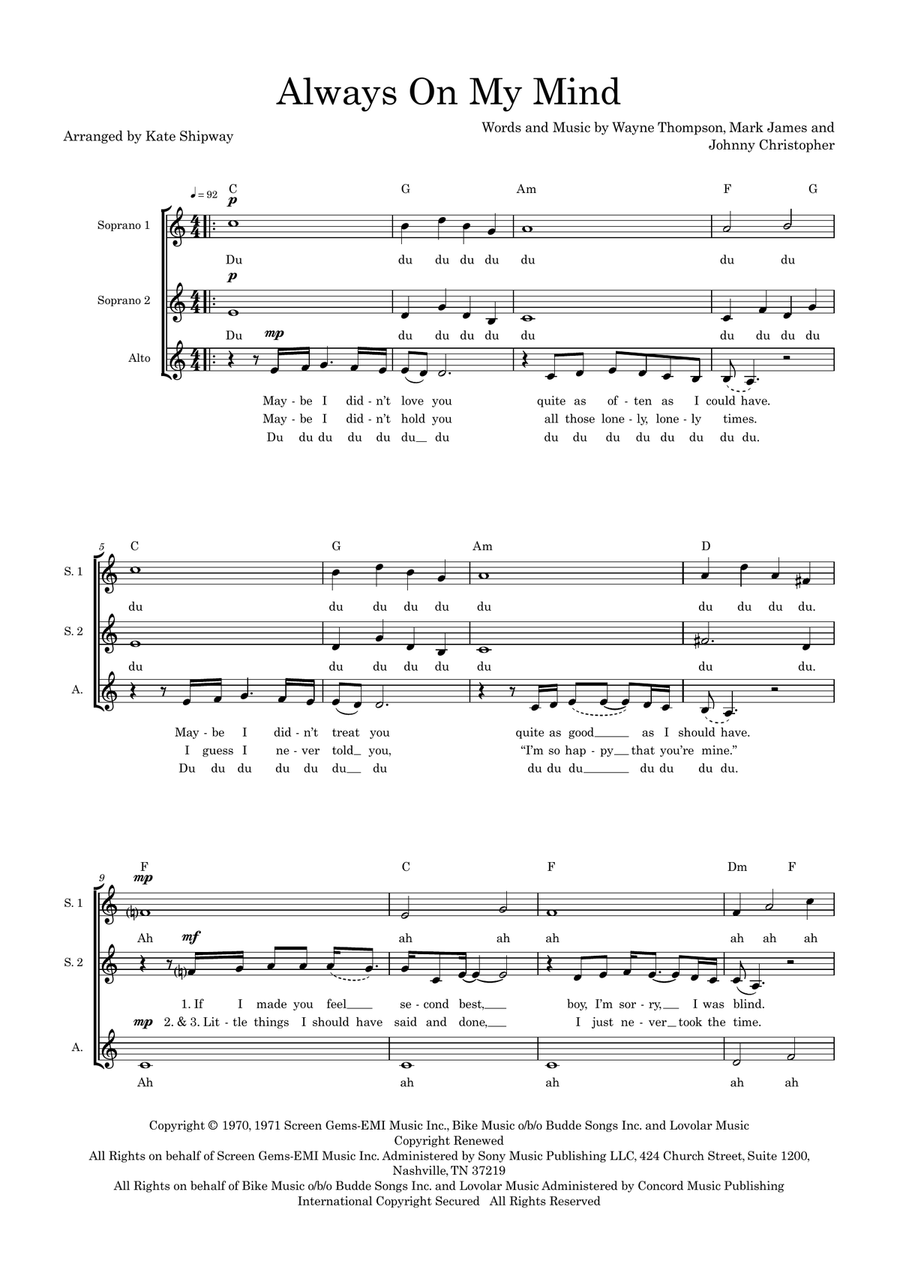 Always On My Mind (arr. Kate Shipway) SSA scores gallery preview page 1
