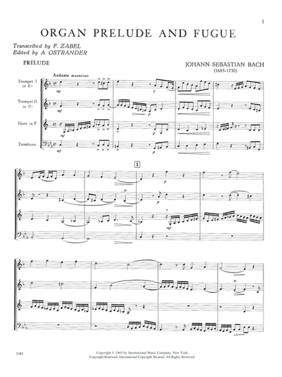 Organ Prelude & Fugue; Fugue From Well-Tempered Clavier For Horn, 2 Trumpets & Trombone