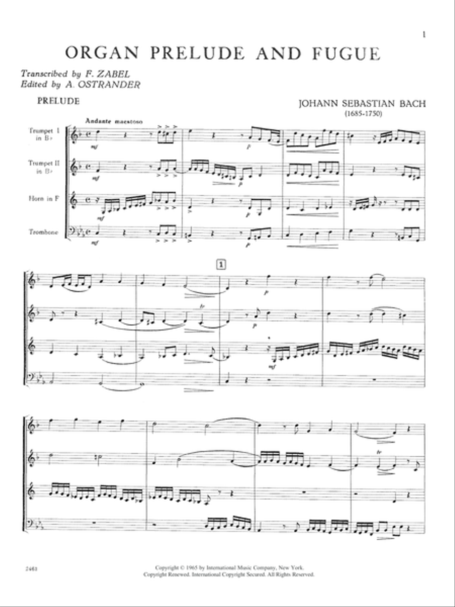 Organ Prelude & Fugue; Fugue From Well-Tempered Clavier For Horn, 2 Trumpets & Trombone Trombone scores gallery preview page 2