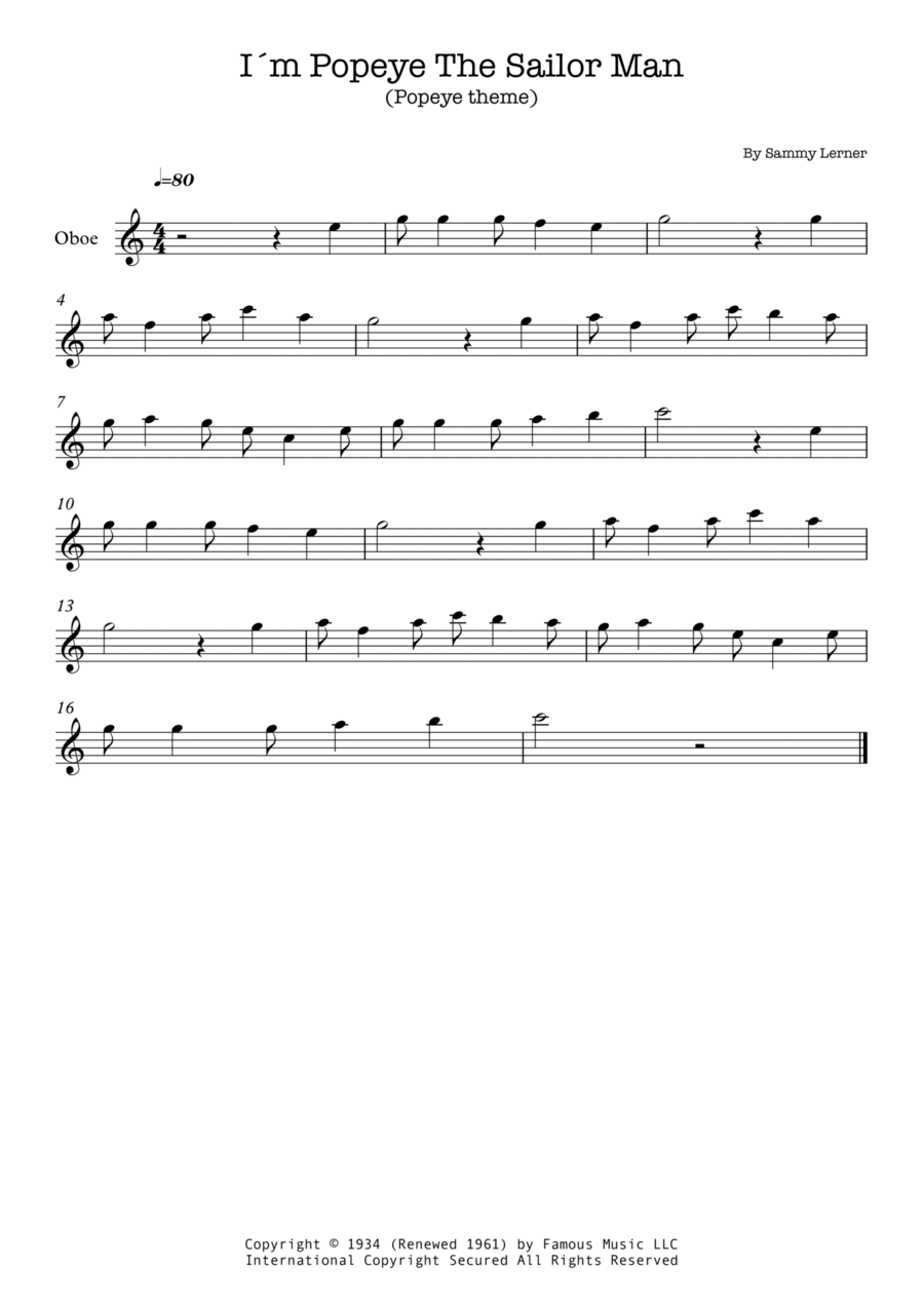 I'm Popeye The Sailor Man Oboe Solo scores gallery preview page 1