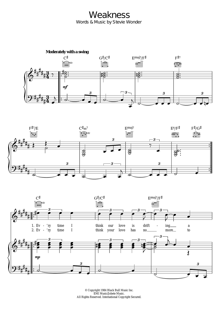 Weakness Piano, Vocal scores gallery preview page 1