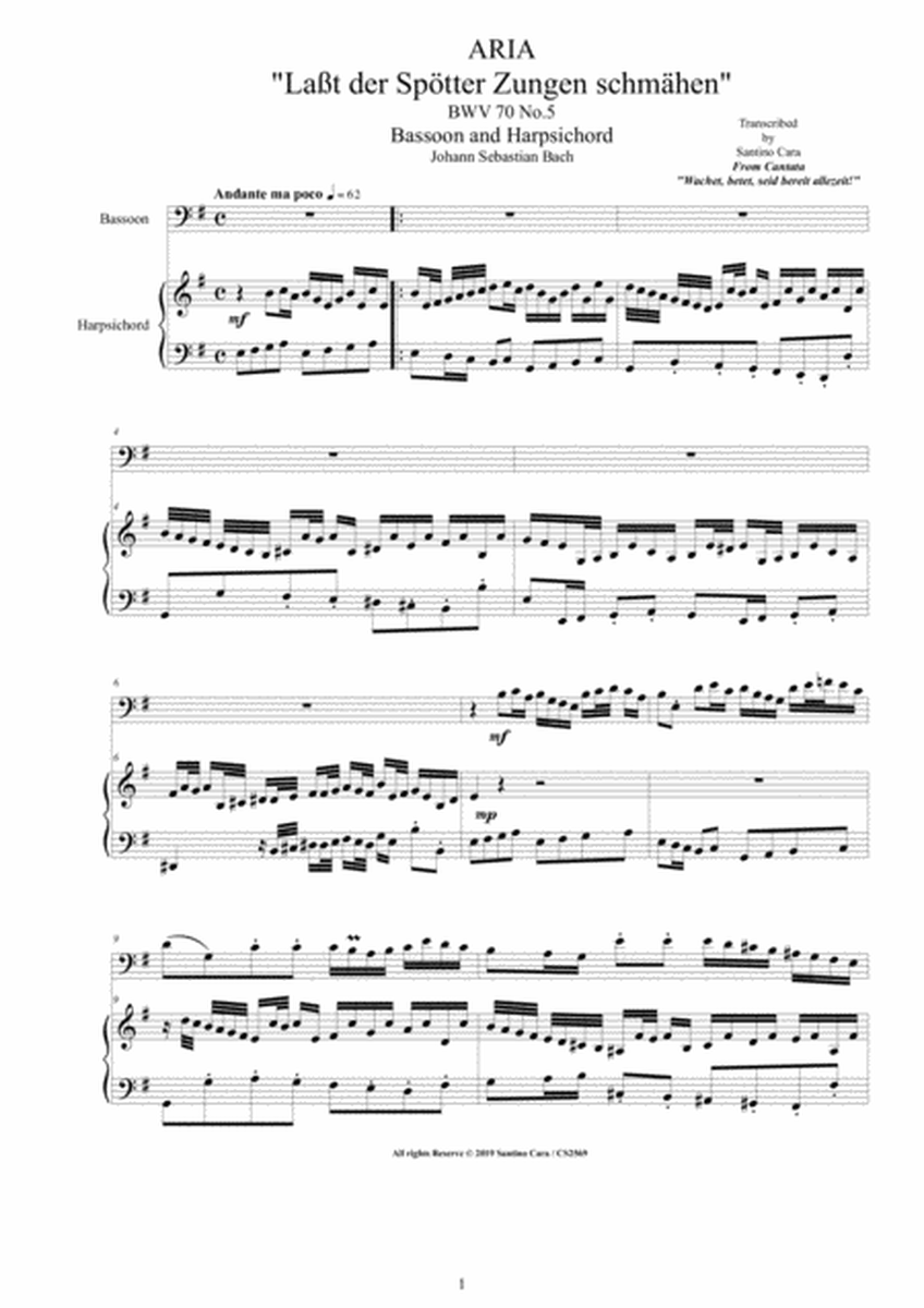 Bach - Aria (Laßt der Spötter Zungen schmähen) BWV 70 No.5 for Bassoon and Harpsichord image number null
