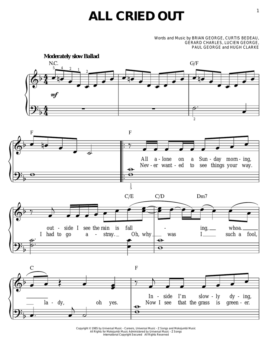 All Cried Out Easy Piano scores gallery preview page 1