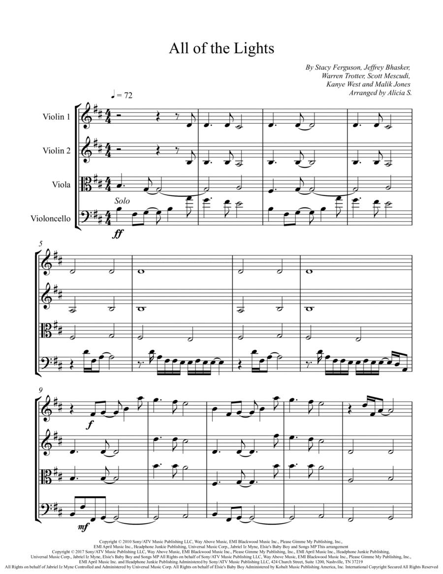All Of The Lights by Kanye West String Quartet - Digital Sheet Music