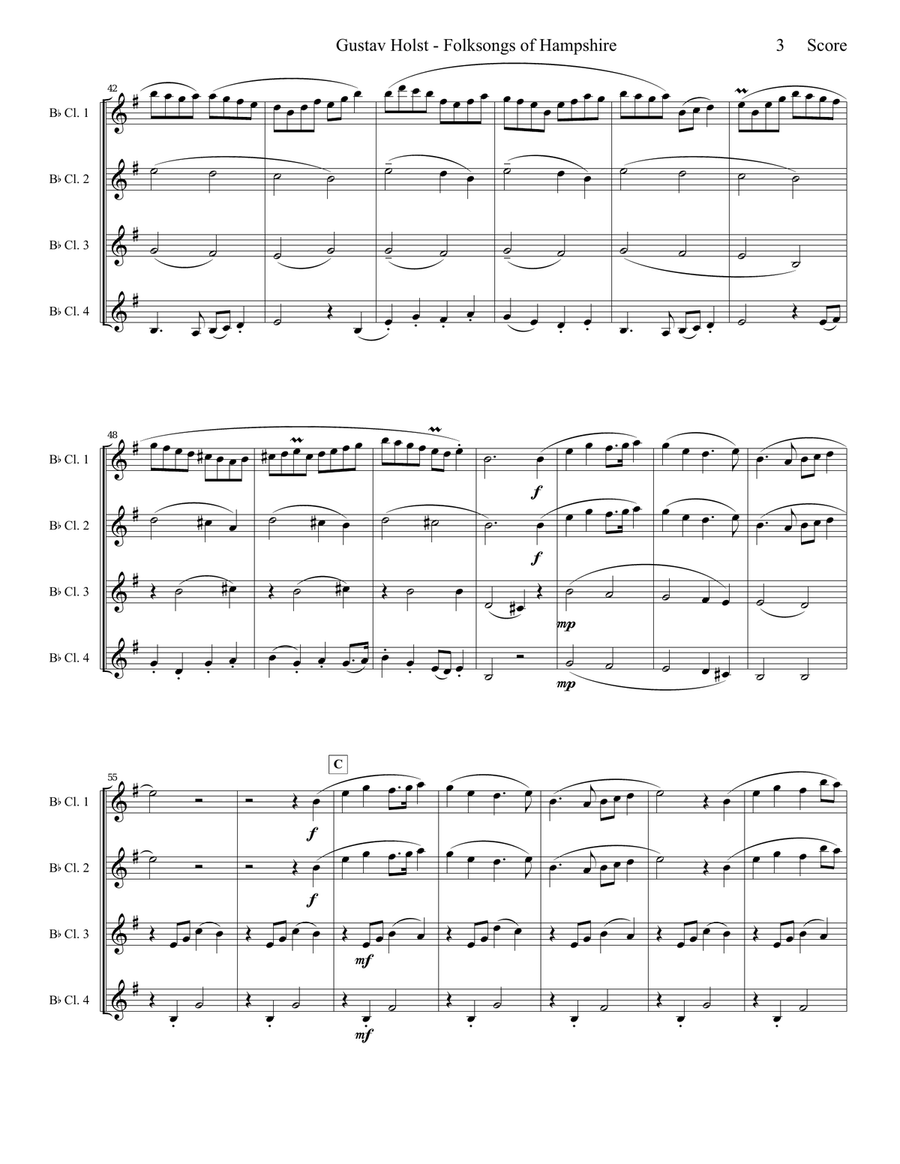 Gustav Holst - Folksongs of Hampshire set for Clarinet Quartet Clarinet Quartet scores gallery preview page 4