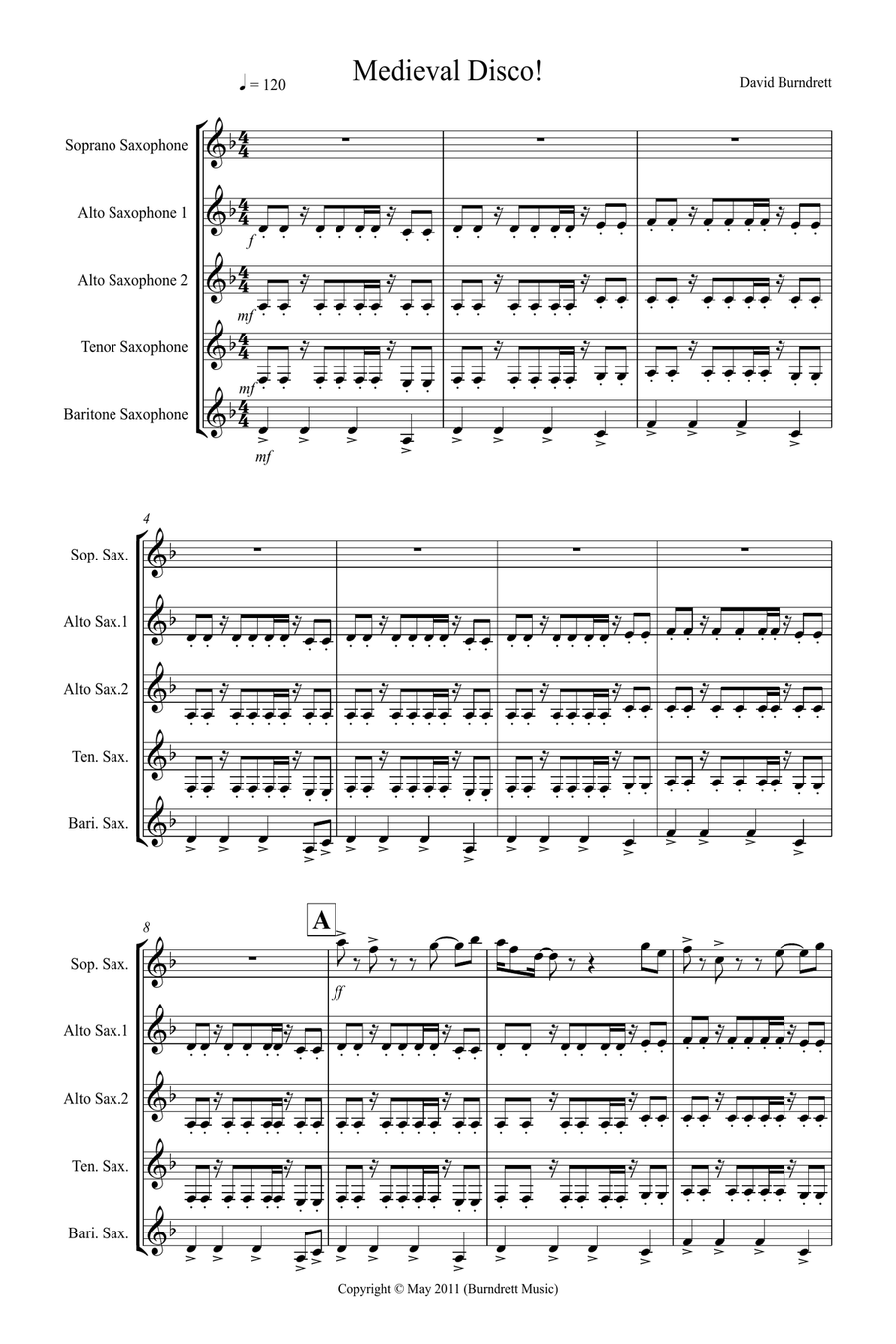 Medieval Disco for Saxophone Quintet Saxophone Quintet scores gallery preview page 1
