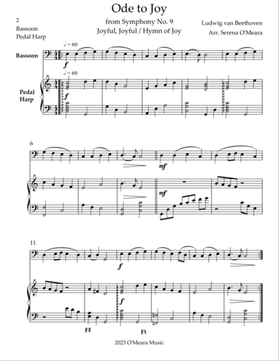 Ode to Joy, Duet for Bassoon & Pedal Harp Bassoon scores gallery preview page 2