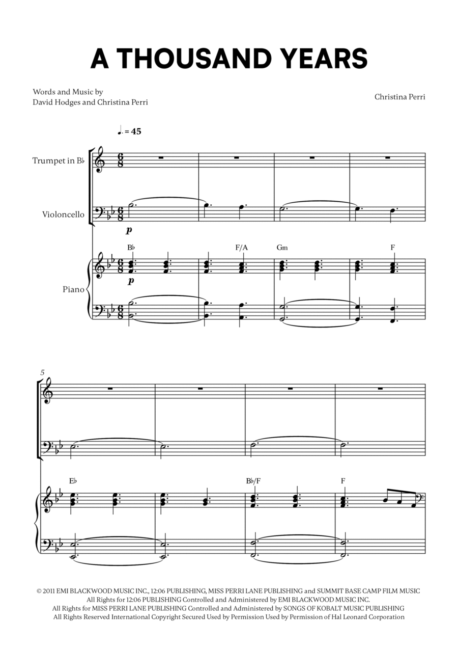 A Thousand Years Trumpet Duet scores gallery preview page 1
