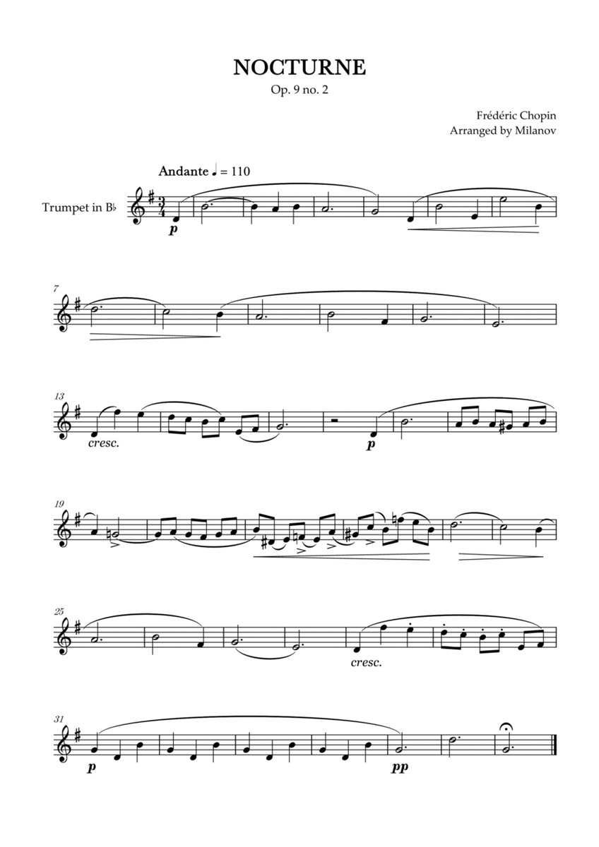 Chopin Nocturne op. 9 no. 2 | Trumpet in Bb | F Major | Easy beginner image number null