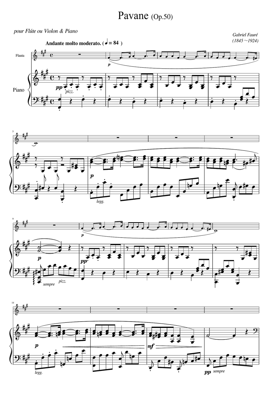 Fauré - Pavane (Op.50), for Flute or Violin and Piano Original - Score and Parts Flute Solo scores gallery preview page 1
