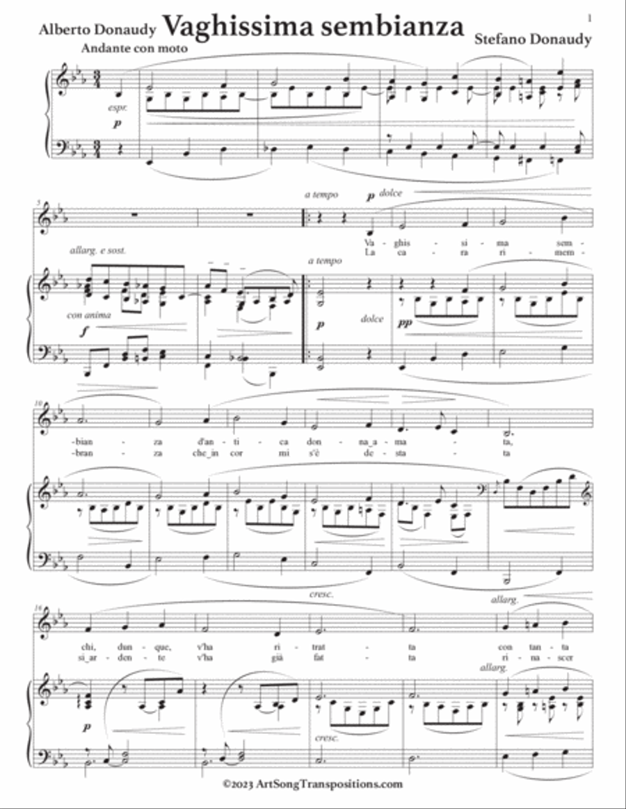 DONAUDY: Vaghissima sembianza (transposed to E-flat major) Voice scores gallery preview page 2