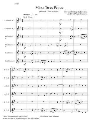 Missa Tu Es Petrus (Mass on "Thou art Peter") arranged for clarinet choir or clarinet sextet