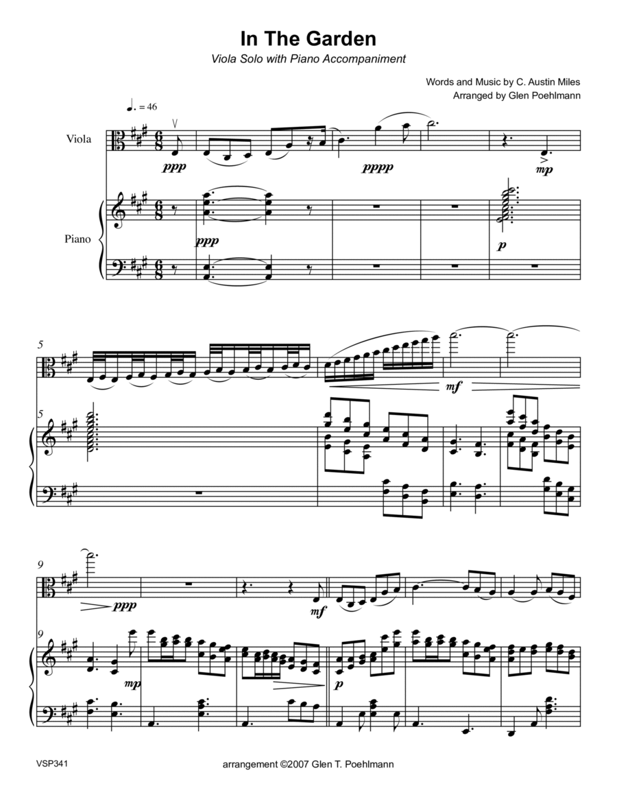 IN THE GARDEN - VIOLA SOLO with Piano Accompaniment (2 versions included) Piano scores gallery preview page 1