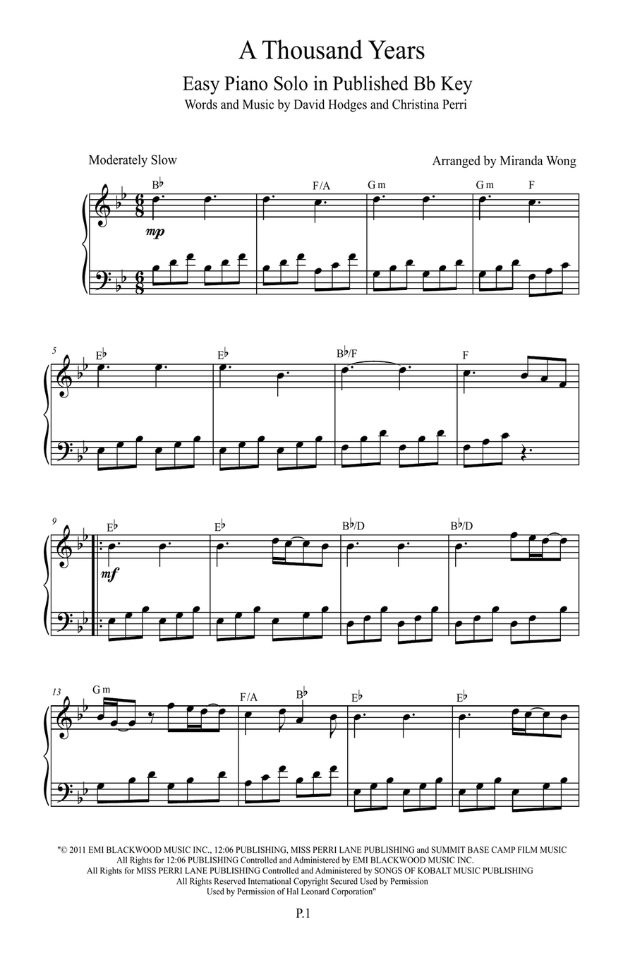 A Thousand Years Easy Piano scores gallery preview page 1