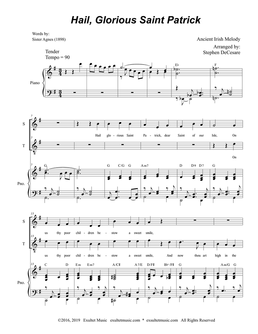 Hail, Glorious Saint Patrick (for 2-part choir - (Soprano and Tenor) 2-Part scores gallery preview page 1