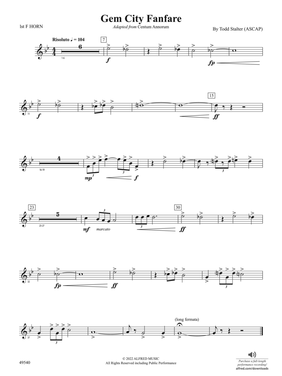 Gem City Fanfare: 1st F Horn Concert Band scores gallery preview page 1