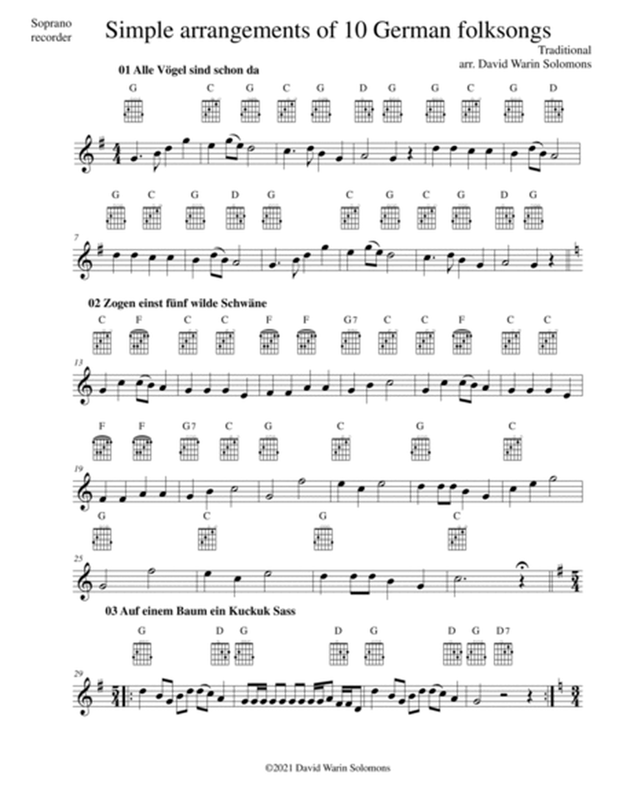 10 Volkslieder - Simple arrangements of 10 German folk songs (soprano recorder and guitar chords) image number null