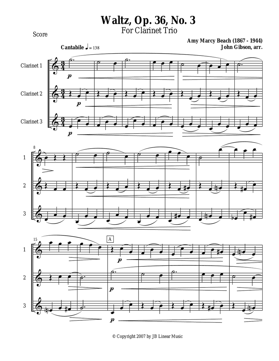 Waltz by Amy Beach set for Clarinet Trio Clarinet Trio scores gallery preview page 1