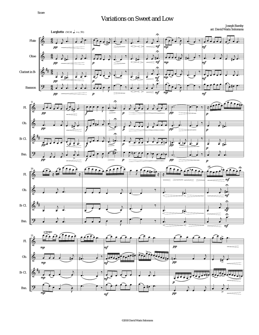 Variations on Joseph Barnby’s Sweet and Low for wind quartet Woodwind Quartet scores gallery preview page 1