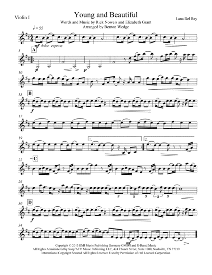 Young And Beautiful Young And Beautiful String Quartet scores gallery preview page 1