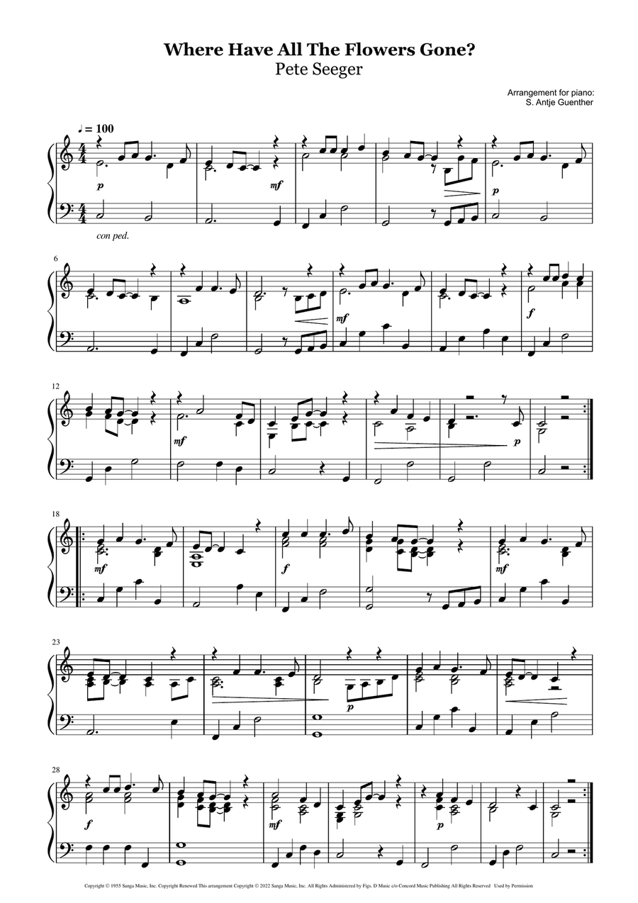 Where Have All The Flowers Gone? Piano Solo scores gallery preview page 1