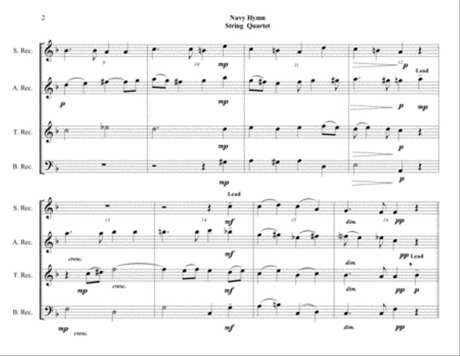Navy Hymn (Eternal Father, Strong to Save) - Recorder Quartet (SATB) - Intermediate 4-Part scores gallery preview page 2